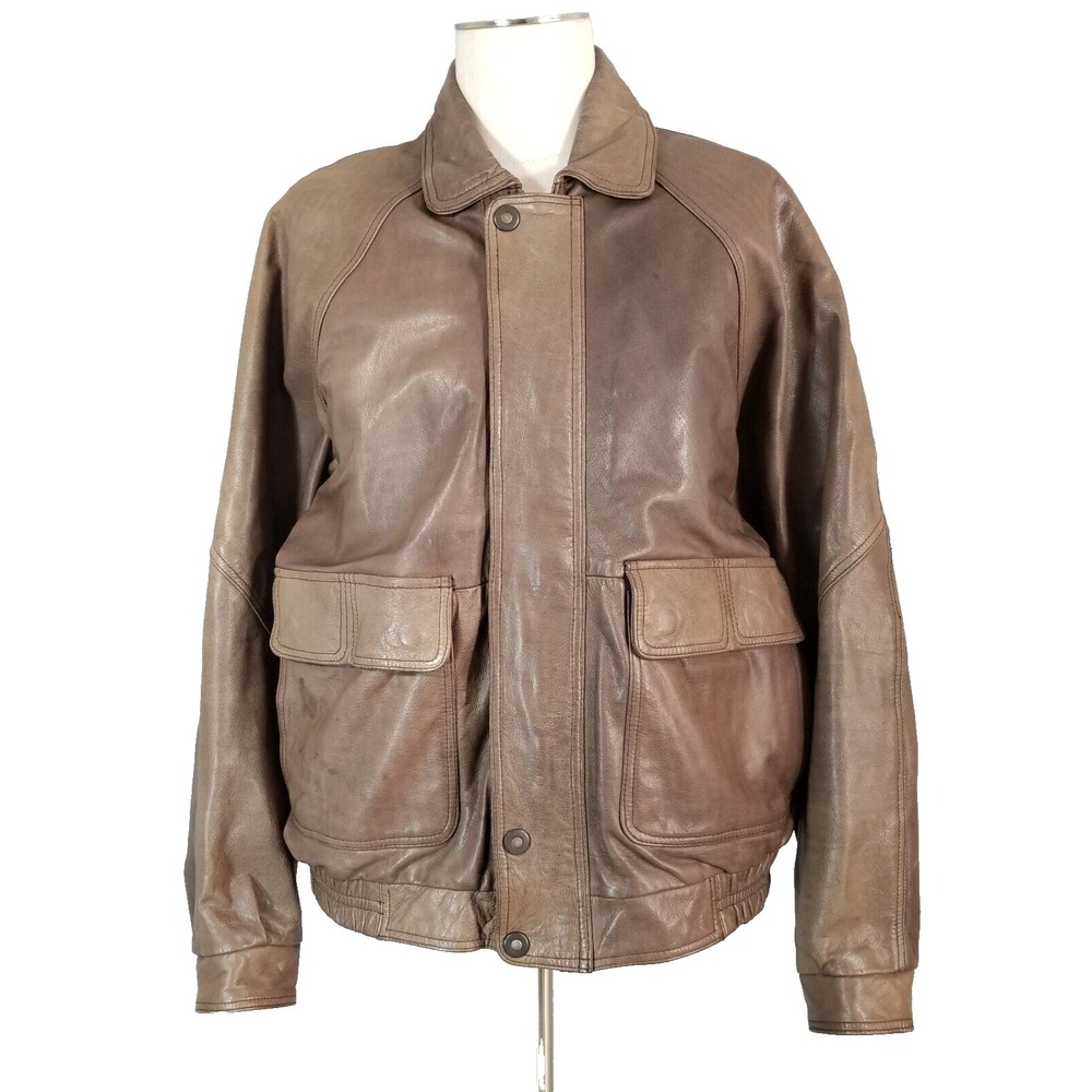 London Fog Bomber Jacket Men Large Brown Leather Retro Insulated Full Zip Coat